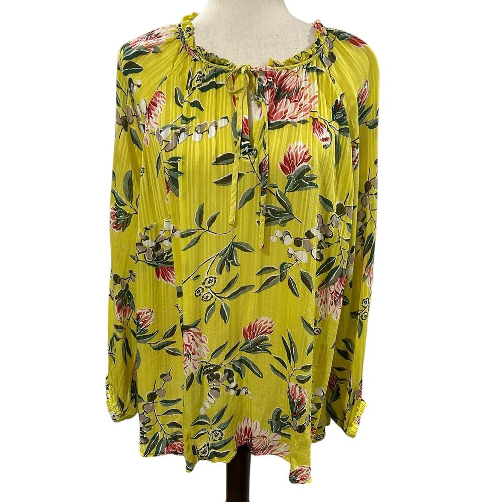 LOFT Bright Yellow Floral Sheer Peasant Blouse Bubble Sleeves Plus Size 20 EUC